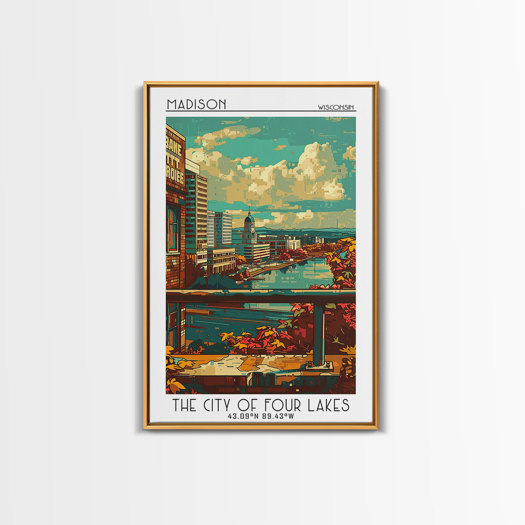 Madison Travel Poster, Framed Canvas Print, Retro Travel Poster, City Wall Art, Home Office Decor, Fine Art Print, Colorful Wall Art