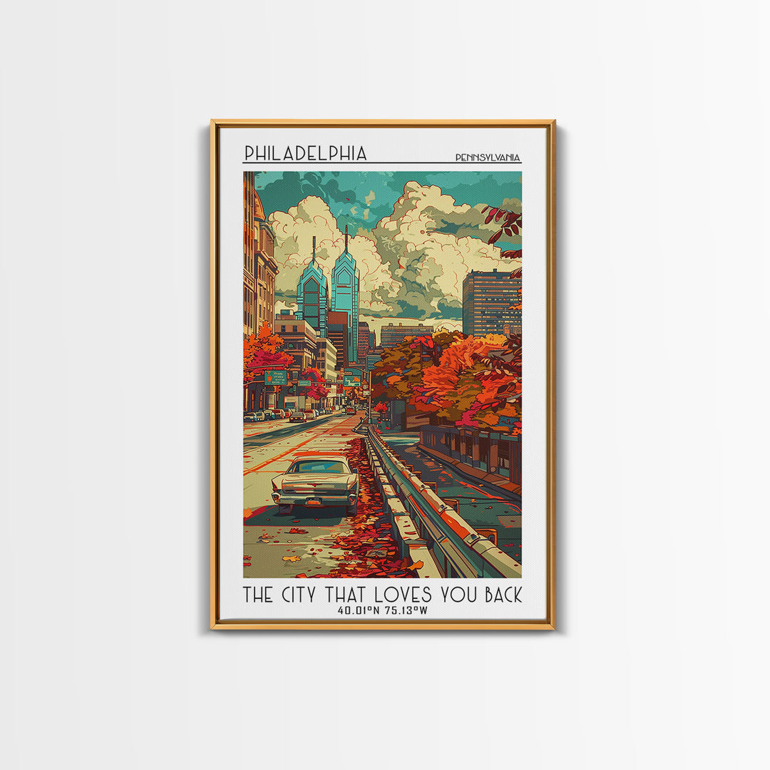 Philadelphia Travel Poster, Framed Canvas Print, Retro Wall Art, Travel Print, Travel Wall Decor, City Wall Art, Retro Travel Poster