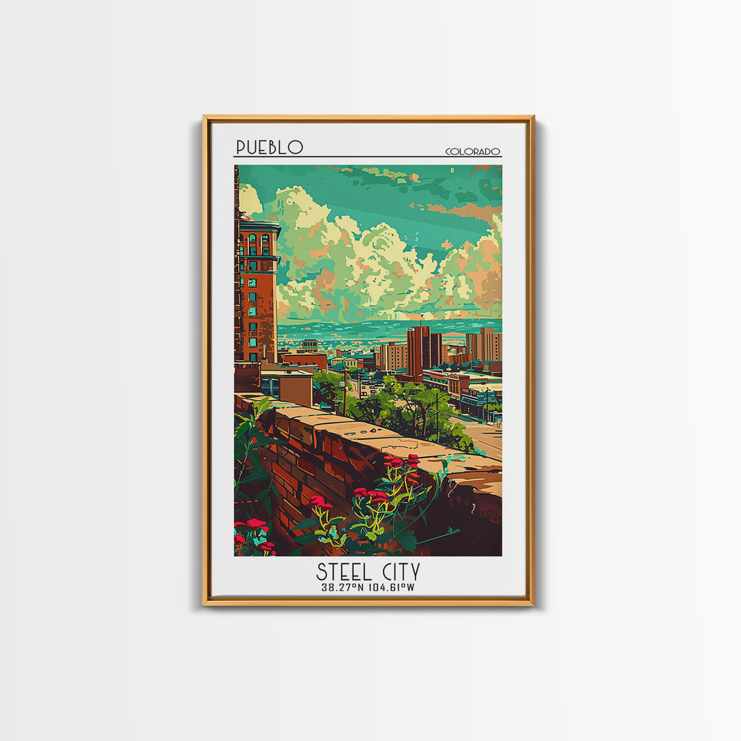 Pueblo Travel Poster, Framed Canvas Print, Retro Wall Art, Travel Print, Home Decor, Watercolor Cityscape, Wall Art, Wanderlust Gift
