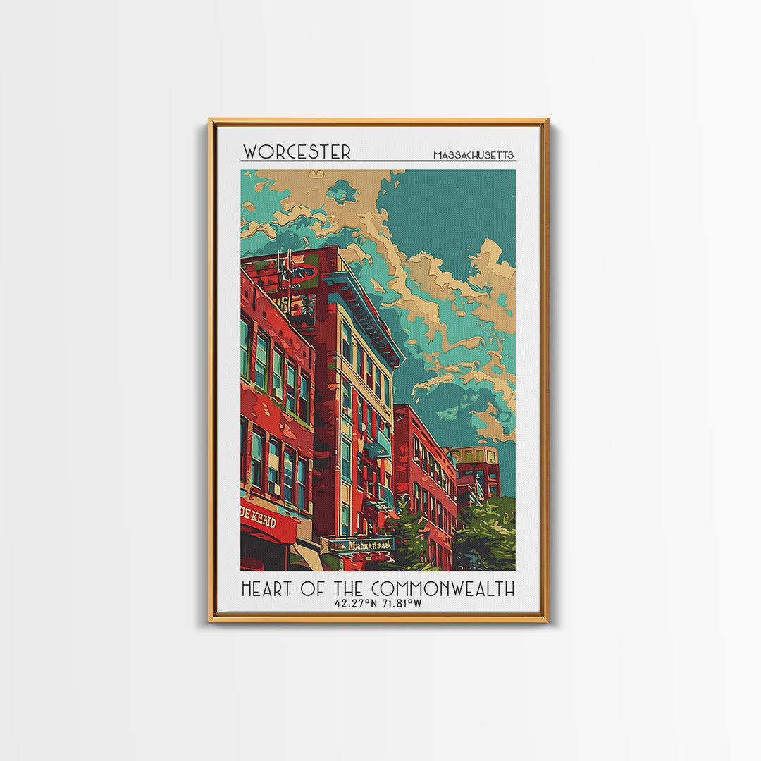 Worcester Travel Poster, Framed Canvas Print, Travel Prints, Landscape Art, Living Room Wall Art, Watercolor Cityscape, Travel Print