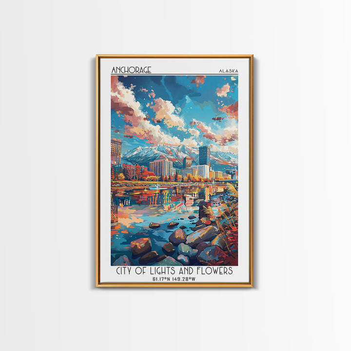 Anchorage Travel Poster, Framed Canvas Print, Retro Travel Poster, City Wall Art, Wanderlust Gift, City Illustration, Vintage Travel