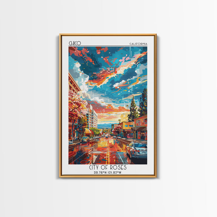 Chico Travel Poster, Framed Canvas Print, Travel Prints, Landscape Art, Art Print, Vintage Poster, City Wall Art, Retro Travel Print