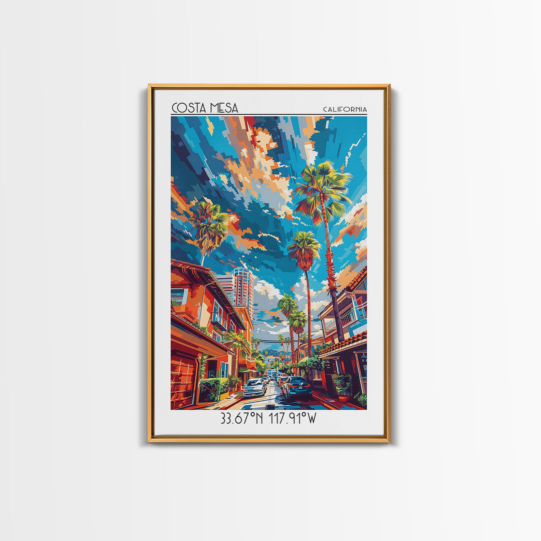 Costa Mesa Travel Poster, Framed Canvas Print, City Travel Poster, Vintage City Poster, Wall Art, City Illustration, Wanderlust Gift