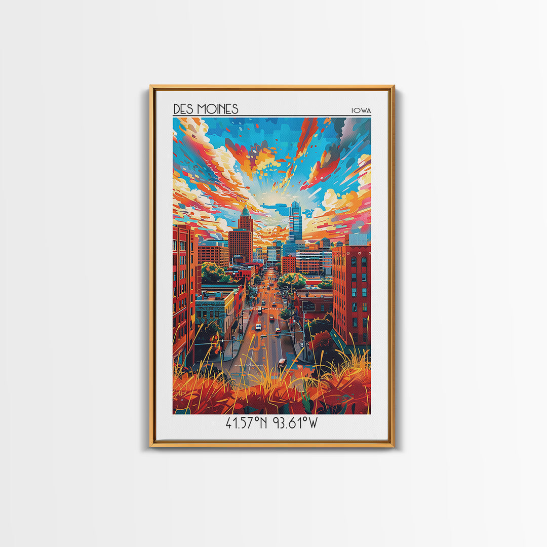 Des Moines Travel Poster, Canvas Print, Travel Wall Art, City Wall Art, City Illustration, Mid Century Wall Art, Retro Travel Poster