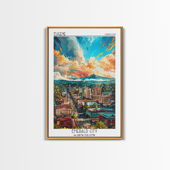 Eugene Travel Poster, Framed Canvas Print, Retro Travel Poster, City Wall Art, Wanderlust Gift, Vintage Travel Print, Fine Art Print