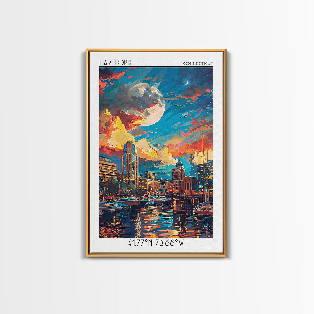 Hartford Travel Poster, Framed Canvas Print, Vintage Travel Print, City Wall Art, City Art Print, Mid Century Wall Art, Poster Print