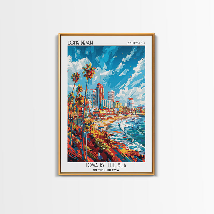 Long Beach Travel Poster, Framed Canvas Print, Travel Prints, Landscape Art, Watercolor Cityscape, Retro Wall Art, Colorful Wall Art