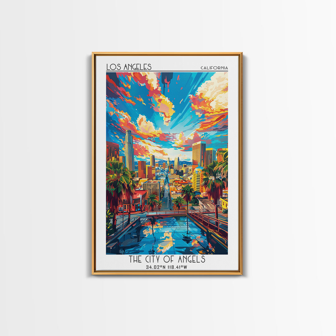 Los Angeles Travel Poster, Framed Canvas Print, Travel Prints, Landscape Art, Travel Wall Decor, Retro Wall Art, Retro Travel Poster
