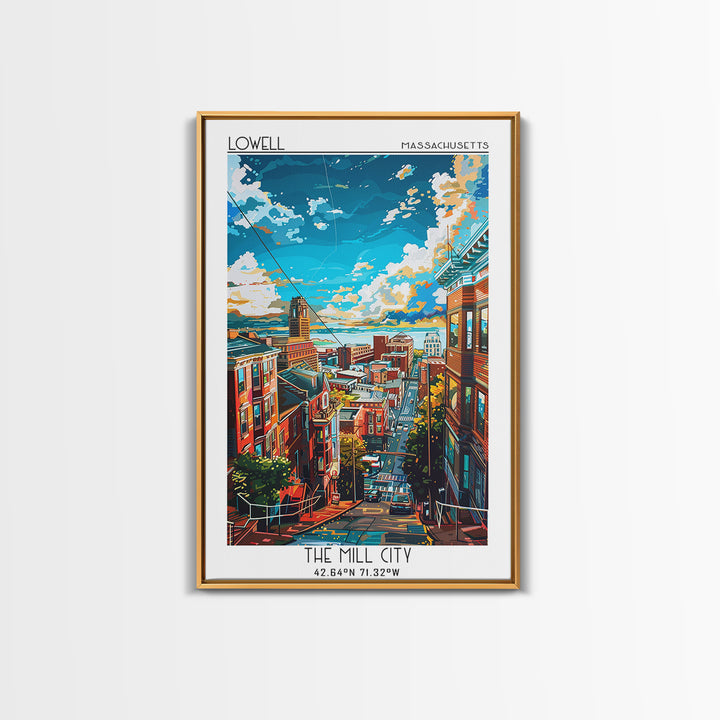 Lowell Travel Poster, Framed Canvas Print, City Travel Poster, Travel Wall Art, Watercolor Cityscape, Home Decor, Retro Travel Print