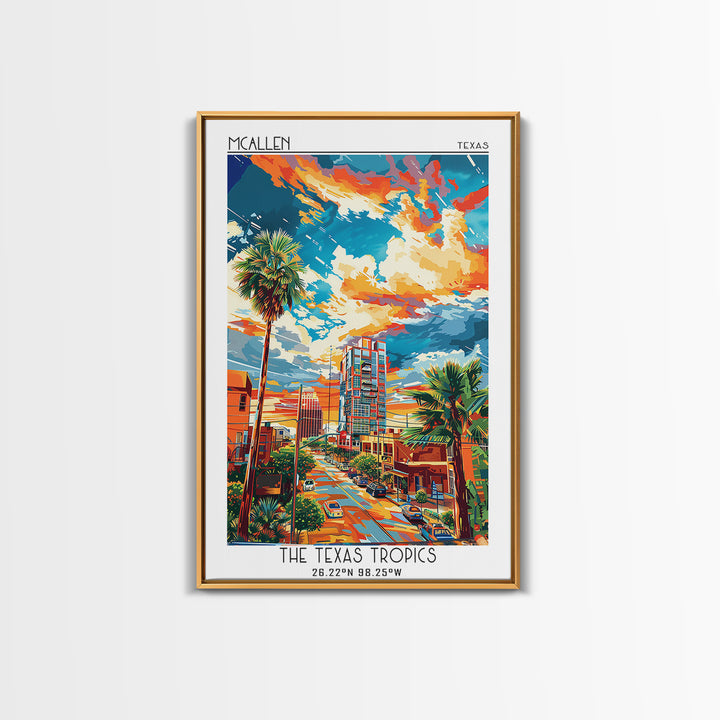McAllen Travel Poster, Framed Canvas Print, Retro Wall Art, Travel Print, Home Decor, City Illustration, Art Print, Travel Art Print