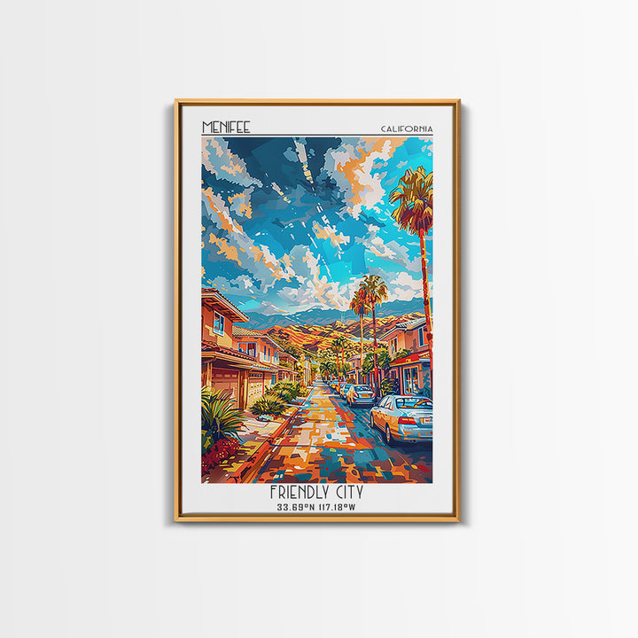 Menifee Travel Poster, Framed Canvas Print, Retro Travel Poster, City Wall Art, Living Room Wall Art, Retro Wall Art, Vintage Poster