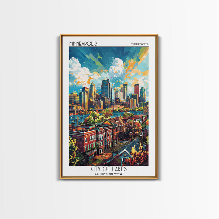 Minneapolis Travel Poster, Framed Canvas Print, Travel Wall Art, City Wall Art, Wanderlust Gift, Vintage Posters, Vintage Travel Art