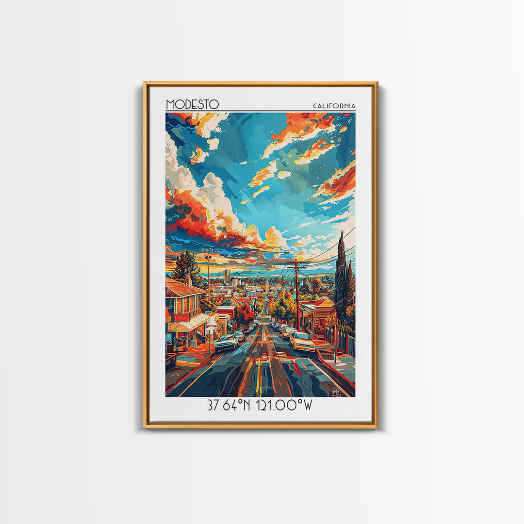 Modesto Travel Poster, Framed Canvas Print, Retro Wall Art, Travel Print, Vintage Travel, Travel Wall Art, Poster Art, City Wall Art