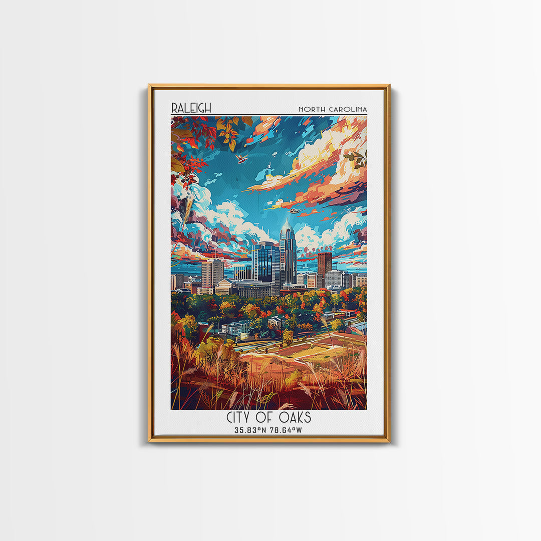 Raleigh Travel Poster, Framed Canvas Print, Travel Prints, Landscape Art, City Travel Poster, Gallery Wall Set, Mid Century Wall Art