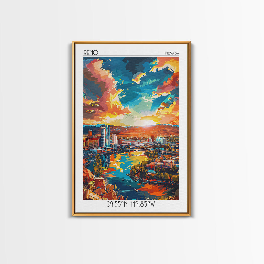 Reno Travel Poster, Framed Canvas Print, City Travel Poster, Travel Wall Art, City Illustration, Vintage City Poster, Retro Wall Art