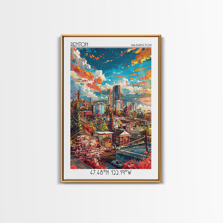 Renton Travel Poster, Canvas Print, Poster Print, Travel Wall Art, Wanderlust Gift, City Illustration, Vintage Poster, Travel Prints