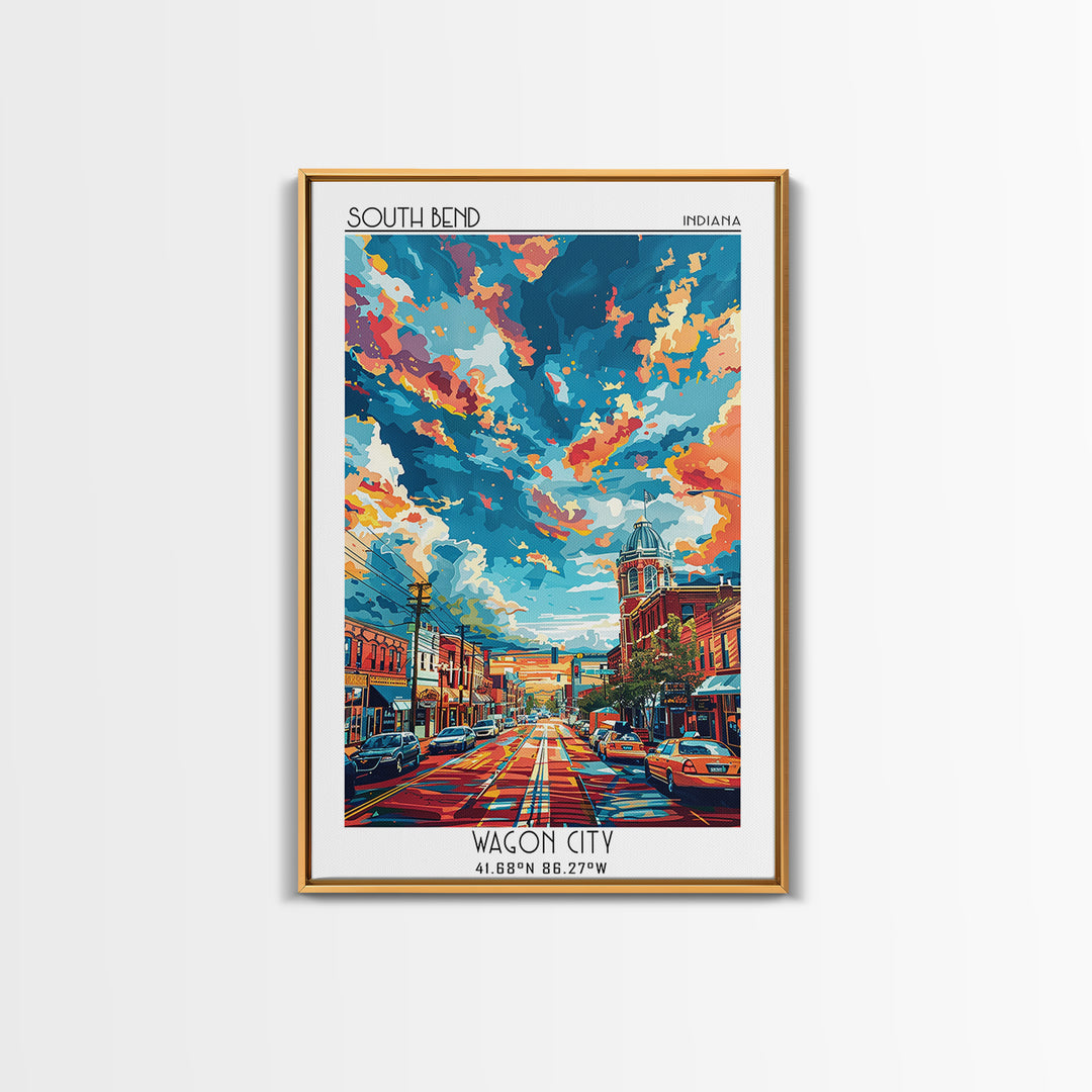 South Bend Travel Poster, Framed Canvas Print, Travel Wall Art, City Wall Art, City Art Print, City Travel Poster, Colorful Wall Art