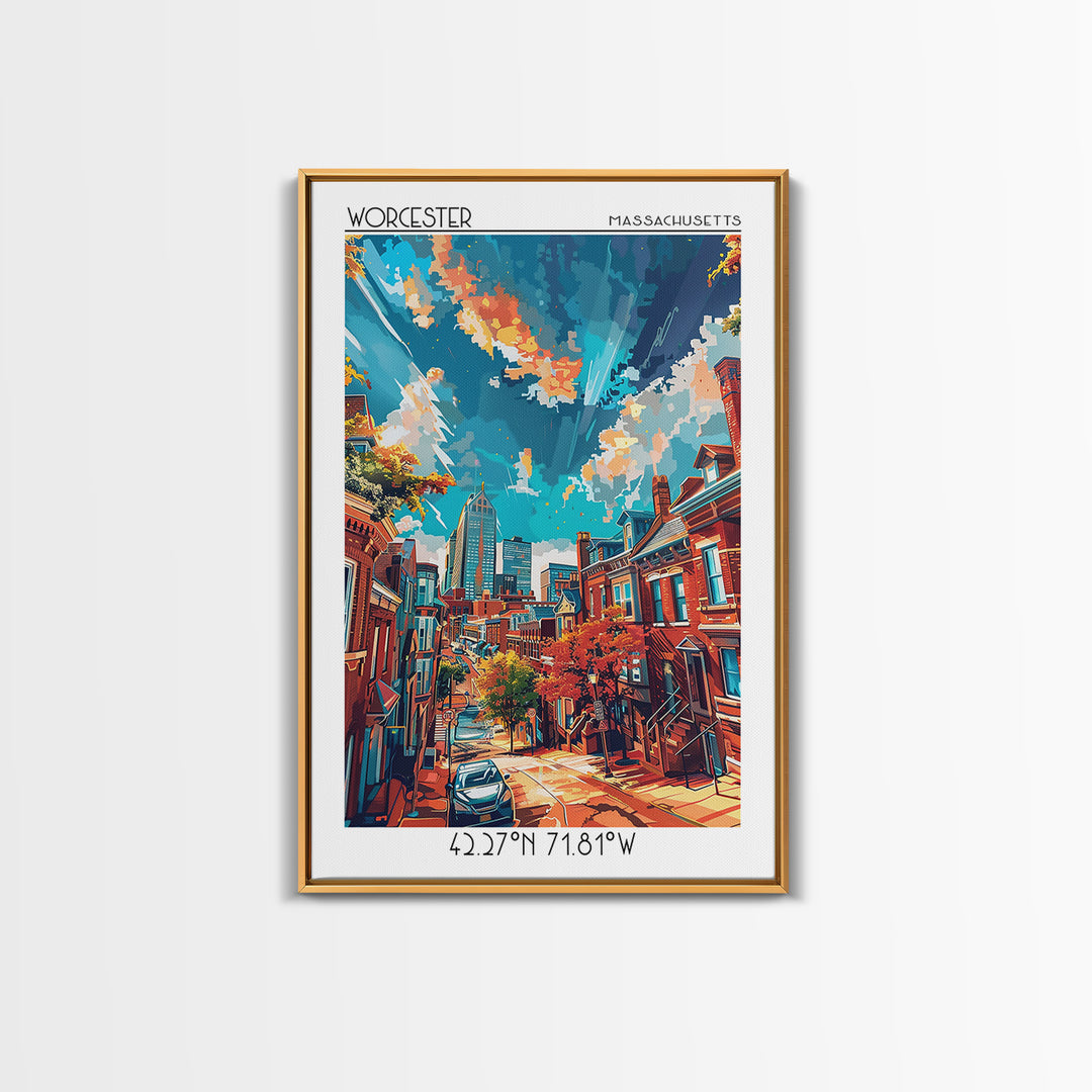 Worcester Travel Poster, Framed Canvas Print, Travel Wall Art, City Wall Art, Vintage Poster, City Illustration, Vintage City Poster
