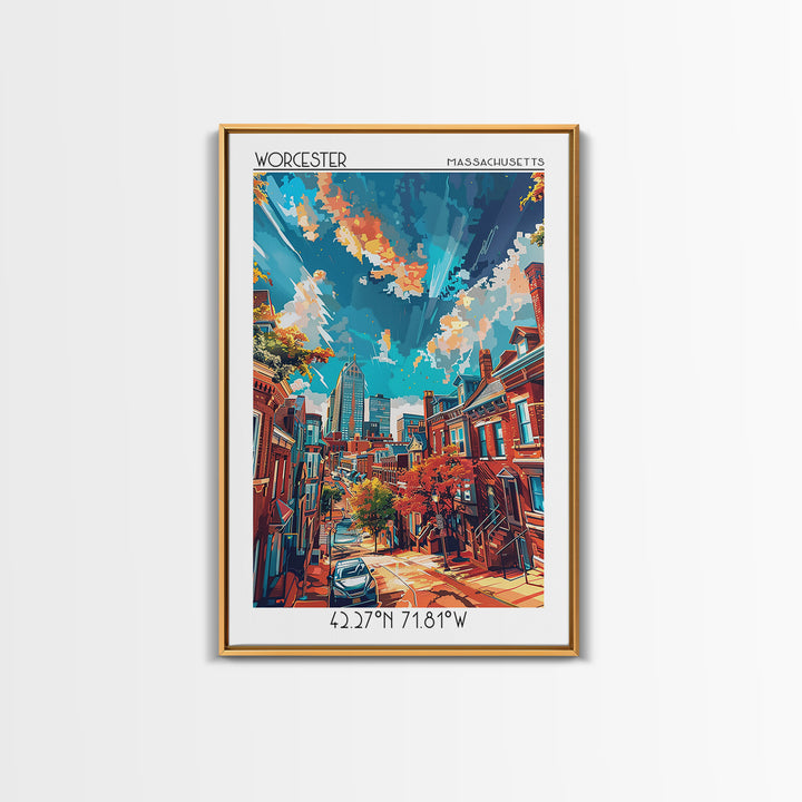 Worcester Travel Poster, Framed Canvas Print, Travel Wall Art, City Wall Art, Vintage Poster, City Illustration, Vintage City Poster
