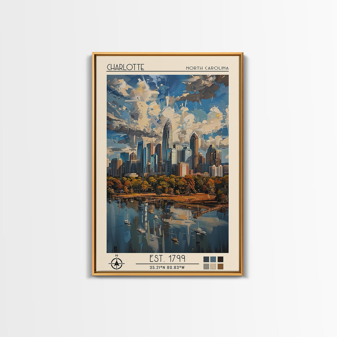 Charlotte Travel Poster, Framed Canvas Print, Travel Art Print, Modern Wall Decor, Wanderlust Gift, Watercolor Cityscape, Poster Art