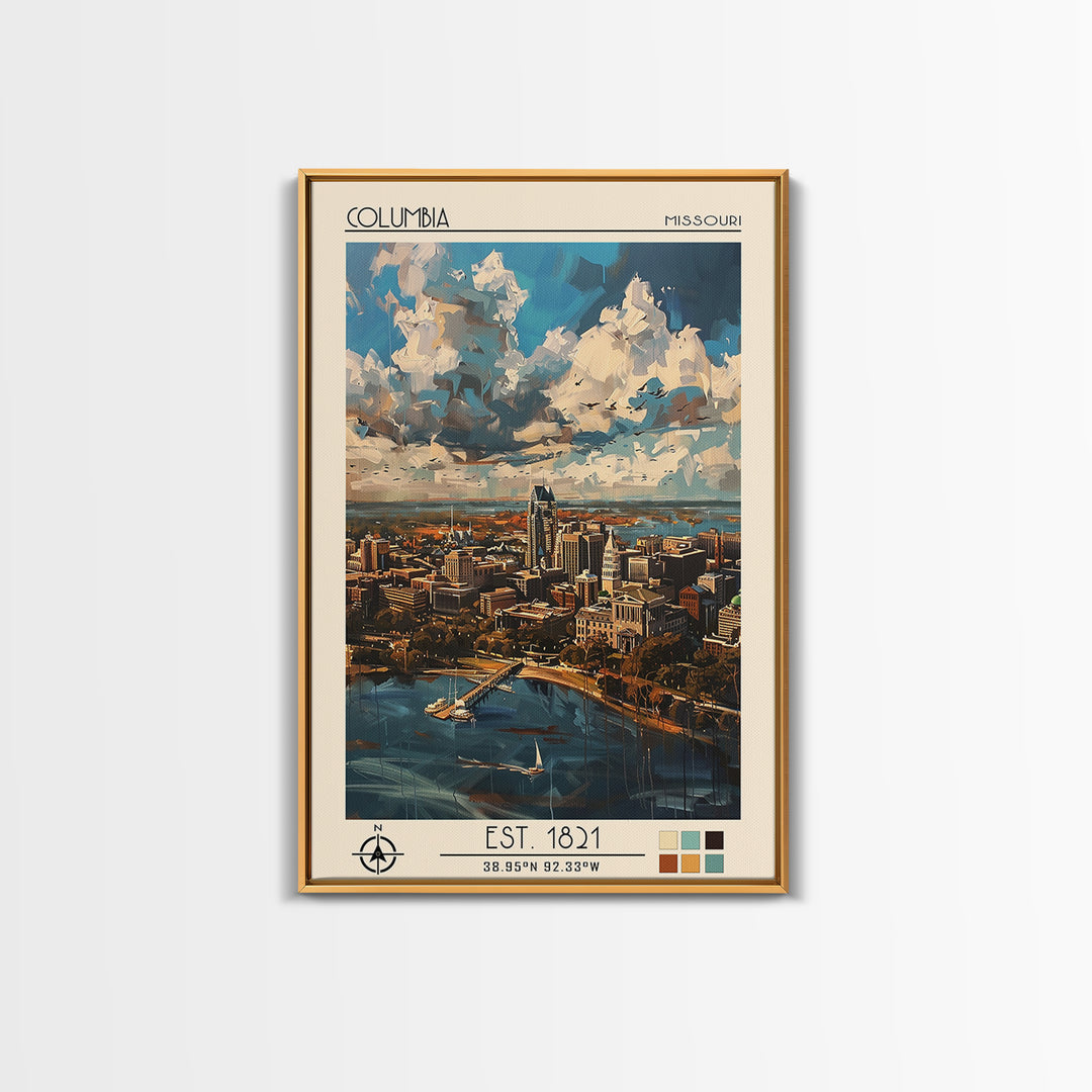 Columbia South Carolina Travel Poster, Framed Canvas Print, Travel Art Print, Modern Wall Decor, Living Room Wall Art, City Wall Art