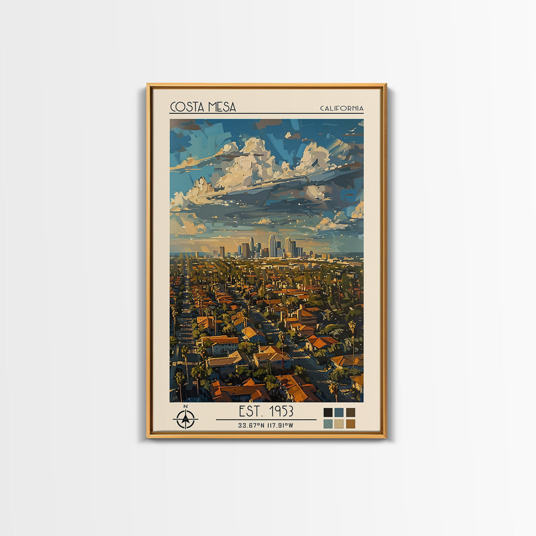 Costa Mesa Travel Poster, Framed Canvas Print, Travel Prints, Landscape Art, Travel Wall Decor, Fine Art Print, Living Room Wall Art