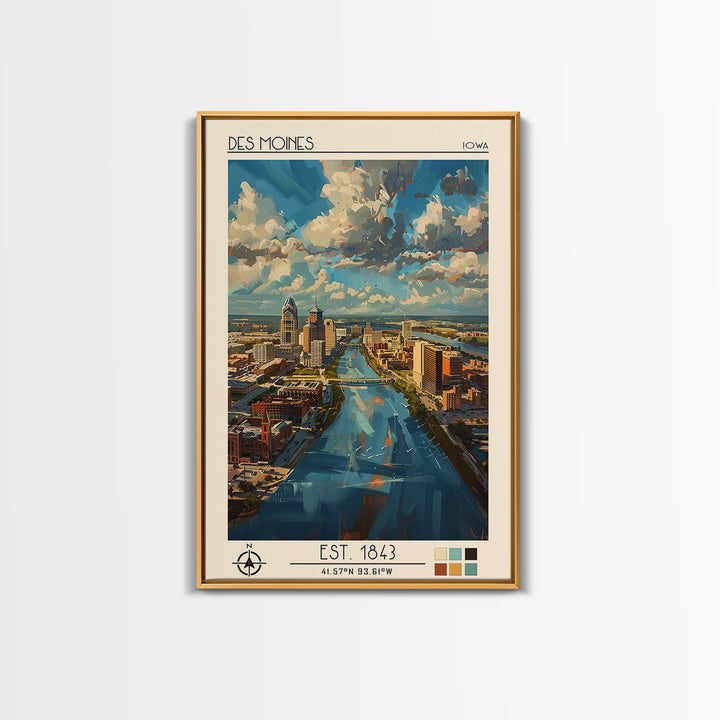 Des Moines Travel Poster, Framed Canvas Print, Retro Wall Art, Travel Print, Travel Art Print, Travel Wall Decor, City Travel Poster