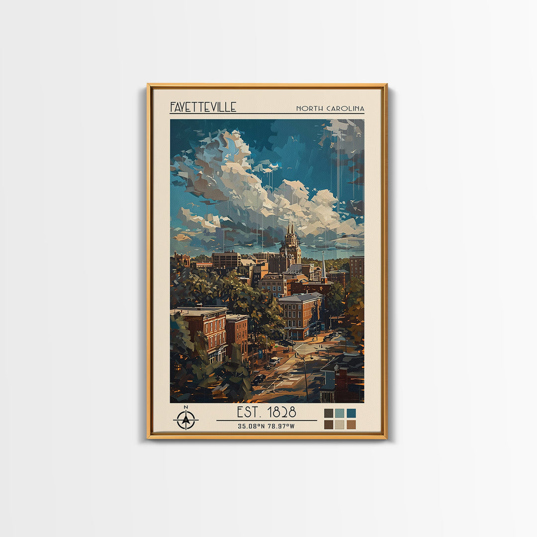 Fayetteville Travel Poster, Framed Canvas Print, Travel Wall Art, City Wall Art, Vintage Posters, Retro Wall Art, Vintage Travel Art