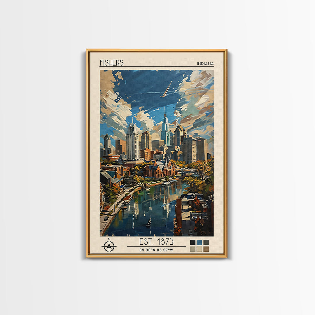Fishers Travel Poster, Canvas Print, City Travel Poster, Travel Wall Art, Watercolor Cityscape, Gallery Wall Set, Retro Travel Print