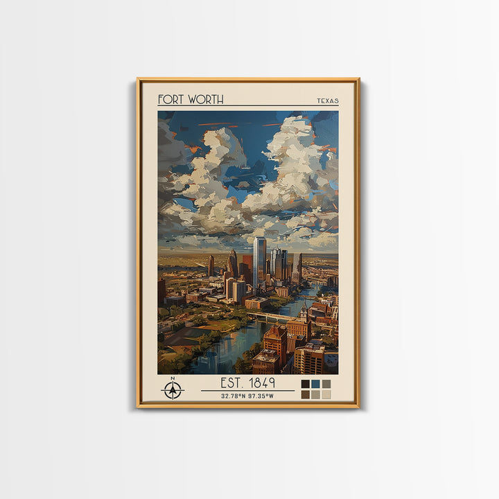 Fort Worth Travel Poster, Framed Canvas Print, Travel Prints, Landscape Art, City Art Print, Vintage Travel Art, Vintage City Poster