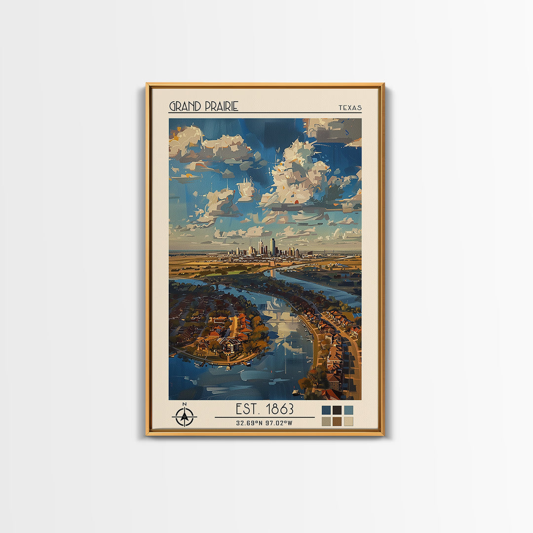 Grand Prairie Travel Poster, Framed Canvas Print, Travel Wall Art, City Wall Art, Retro Travel Print, Travel Prints, Vintage Posters