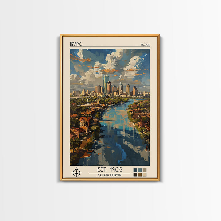 Irving Travel Poster, Framed Canvas Print, Travel Prints, Landscape Art, Retro Travel Poster, Watercolor Cityscape, Travel Art Print