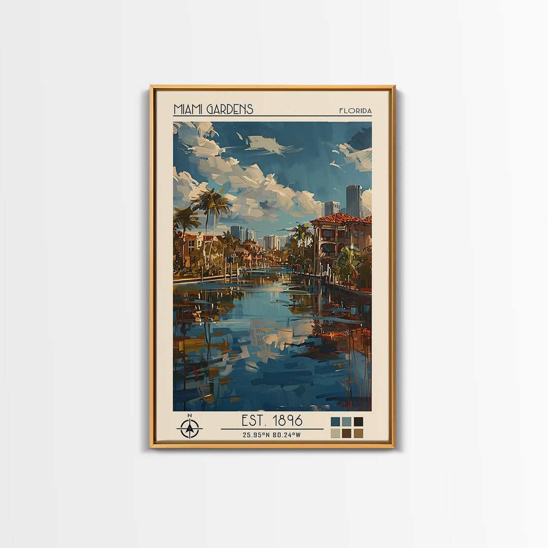 Miami Gardens Travel Poster, Framed Canvas Print, Travel Wall Art, City Wall Art, Travel Prints, Travel Art Print, Colorful Wall Art