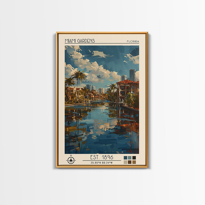 Miami Gardens Travel Poster, Framed Canvas Print, Travel Wall Art, City Wall Art, Travel Prints, Travel Art Print, Colorful Wall Art