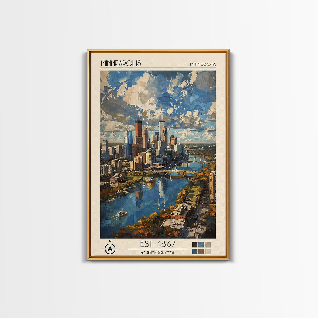 Minneapolis Travel Poster, Framed Canvas Print, Travel Wall Art, City Wall Art, City Travel Poster, Vintage Poster, Travel Art Print