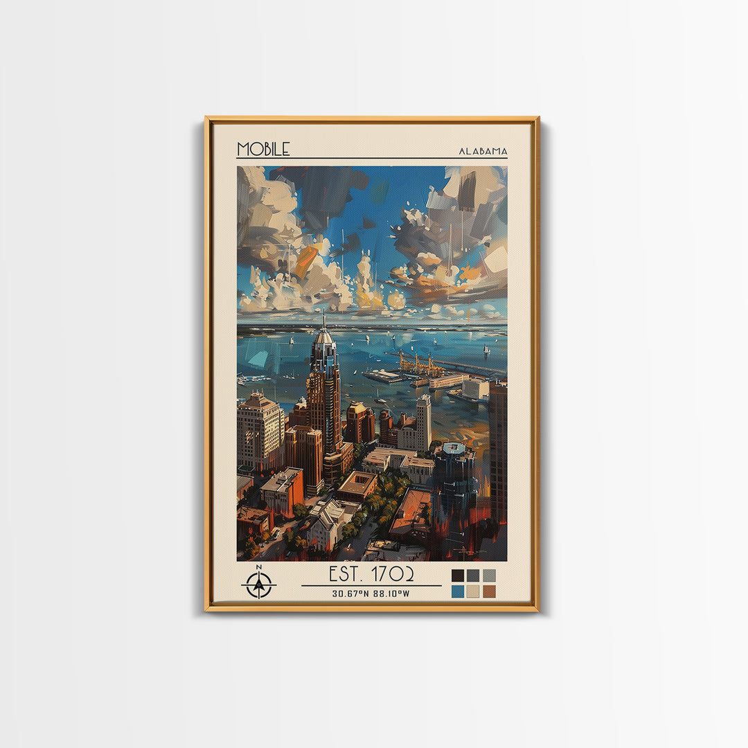 Mobile Travel Poster, Framed Canvas Print, Retro Wall Art, Travel Print, Travel Prints, Wall Art, Travel Wall Art, City Illustration