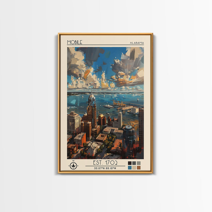 Mobile Travel Poster, Framed Canvas Print, Retro Wall Art, Travel Print, Travel Prints, Wall Art, Travel Wall Art, City Illustration