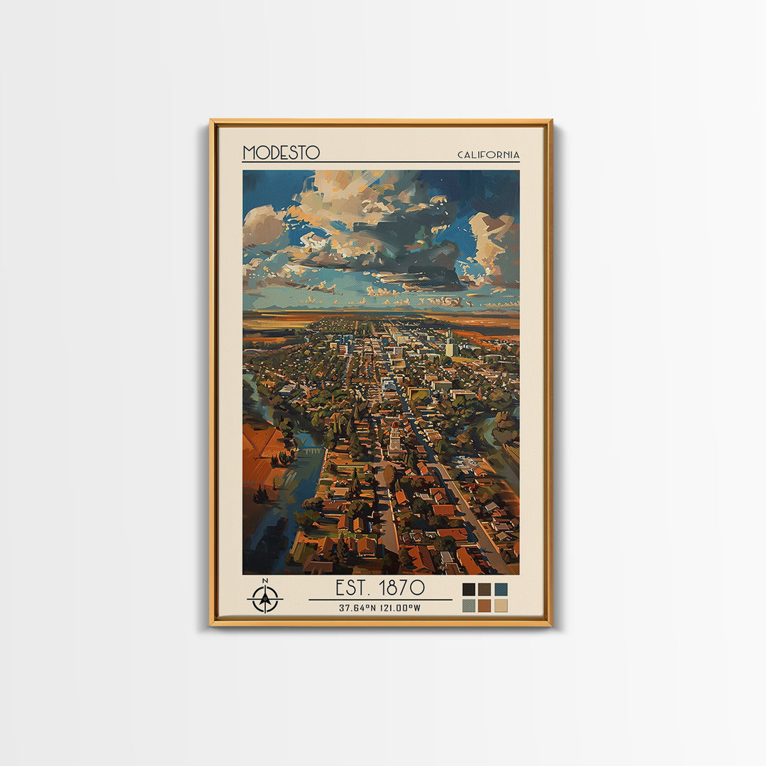 Modesto Travel Poster, Framed Canvas Print, Retro Wall Art, Travel Print, Minimalist Poster, Modern Wall Decor, Living Room Wall Art