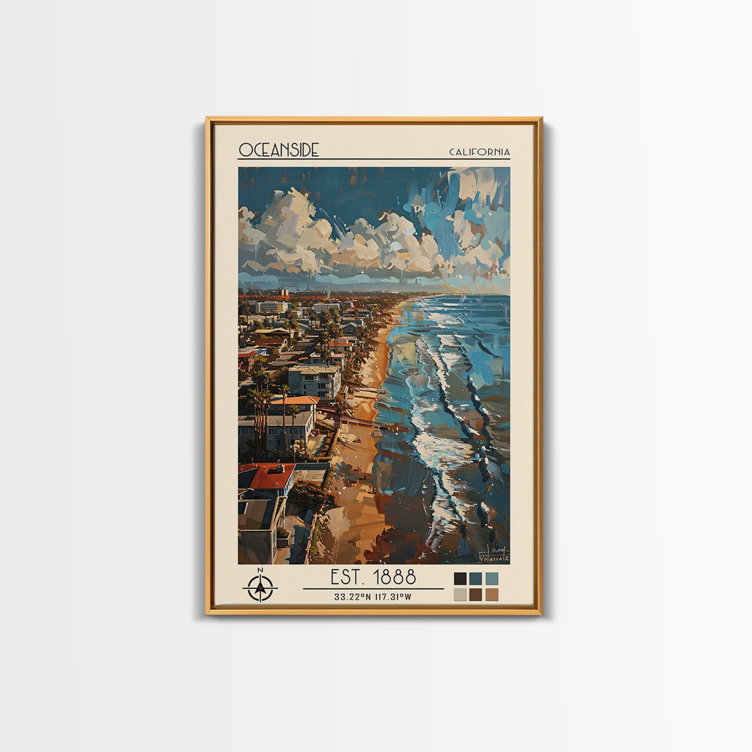 Oceanside Travel Poster, Framed Canvas Print, Retro Travel Poster, City Wall Art, Travel Decor, Retro Wall Art, Mid Century Wall Art