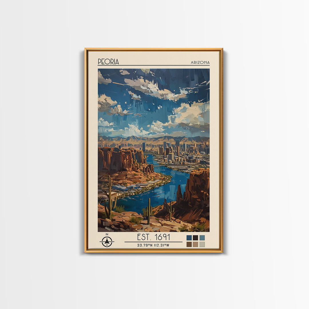 Peoria Travel Poster, Canvas Print, City Travel Poster, Travel Wall Decor, City Wall Art, Mid Century Wall Art, Living Room Wall Art