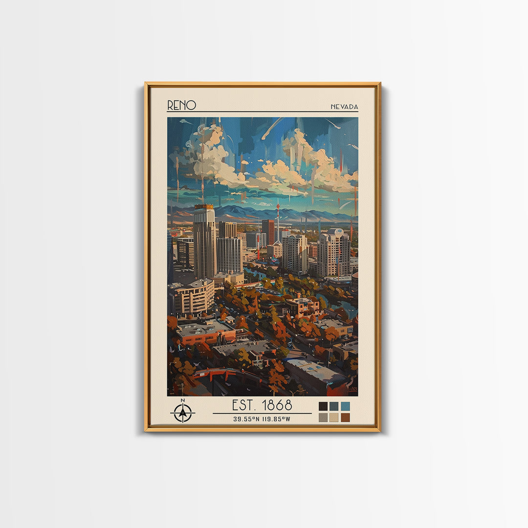 Reno Travel Poster, Framed Canvas Print, Travel Prints, Landscape Art, Home Decor, Fine Art Print, Travel Wall Decor, City Art Print