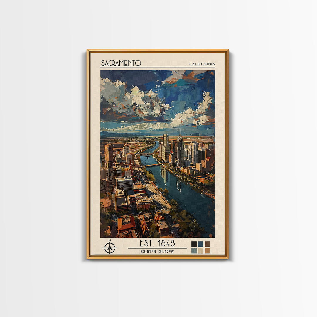 Sacramento Travel Poster, Framed Canvas Print, Travel Art Print, Modern Wall Decor, Retro Travel Print, Art Print, Colorful Wall Art