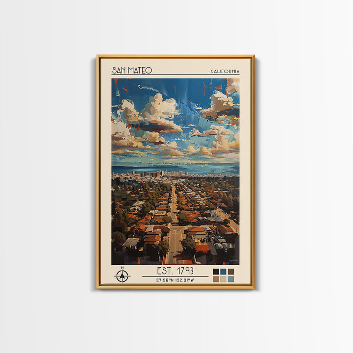 San Mateo Travel Poster, Framed Canvas Print, City Travel Poster, Travel Wall Decor, Home Decor, City Wall Art, Living Room Wall Art