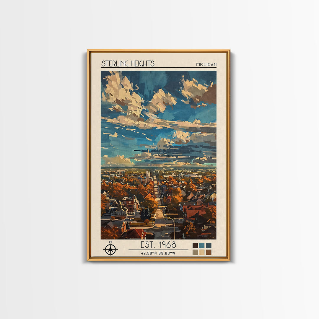 Sterling Heights Travel Poster, Framed Canvas Print, Travel Prints, Landscape Art, Travel Print, Travel Posters, Vintage City Poster