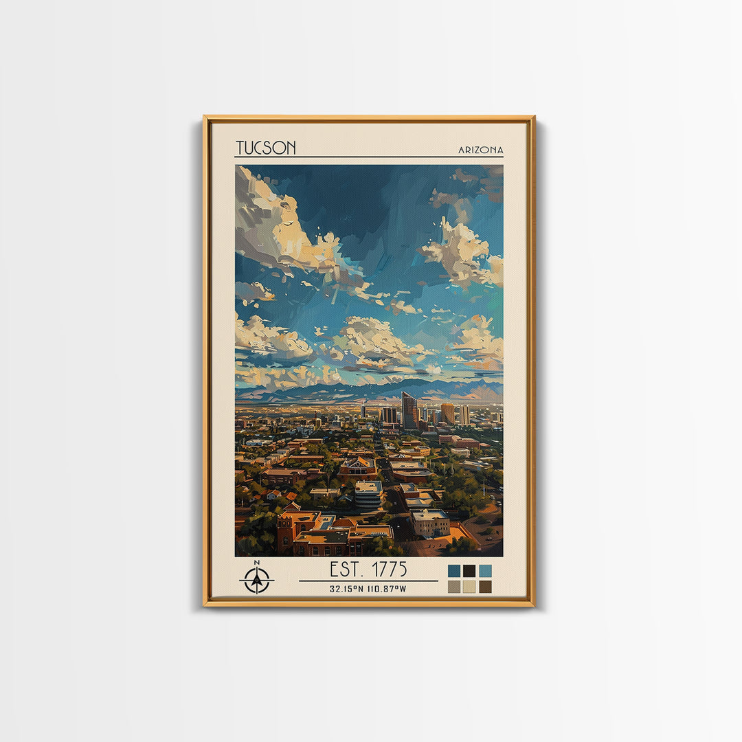 Tucson Travel Poster, Framed Canvas Print, Travel Prints, Landscape Art, Art Print, Retro Wall Art, City Illustration, City Wall Art