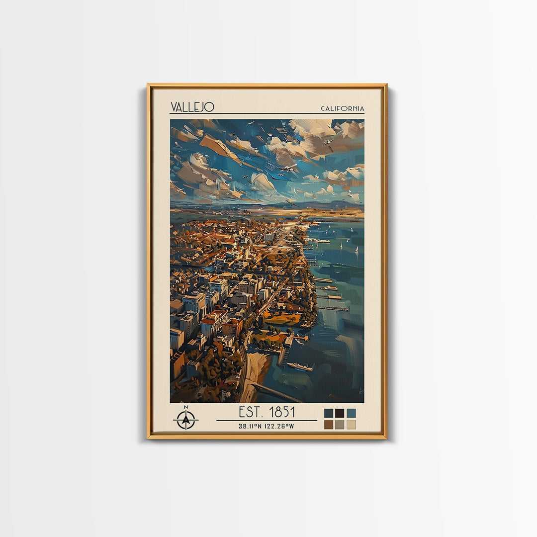Vallejo Travel Poster, Framed Canvas Print, Travel Wall Decor, Minimalist Poster, Travel Print, Mid Century Wall Art, City Art Print