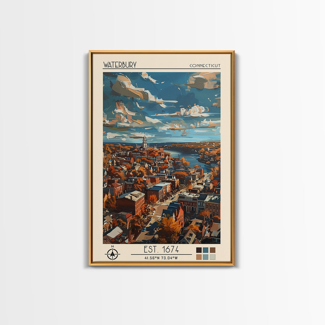 Waterbury Travel Poster, Framed Canvas Print, Travel Prints, Landscape Art, Vintage Travel, City Wall Art, Wall Art, Travel Wall Art