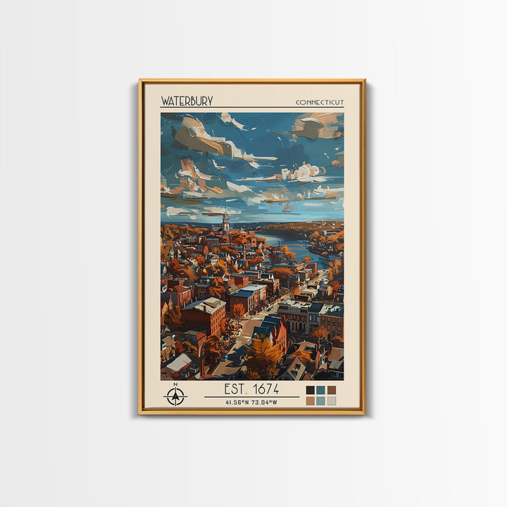 Waterbury Travel Poster, Framed Canvas Print, Travel Prints, Landscape Art, Vintage Travel, City Wall Art, Wall Art, Travel Wall Art