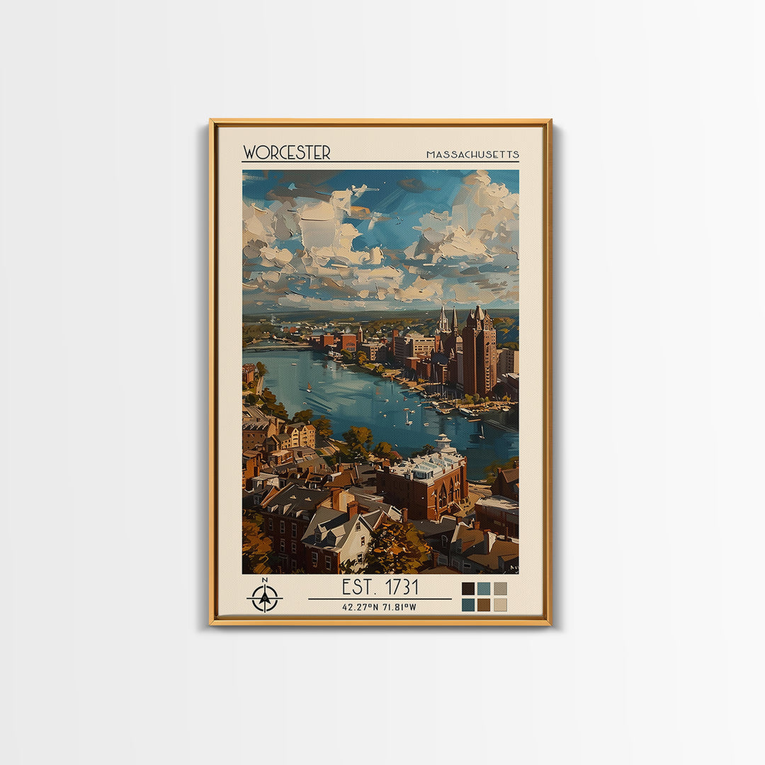 Worcester Travel Poster, Framed Canvas Print, Vintage Travel Print, City Wall Art, Retro Travel Poster, Poster Print, Fine Art Print