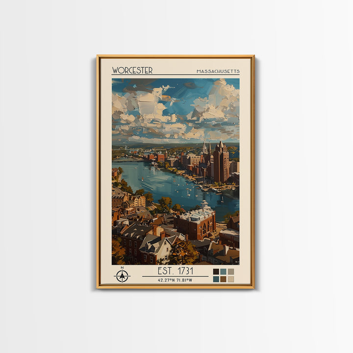 Worcester Travel Poster, Framed Canvas Print, Vintage Travel Print, City Wall Art, Retro Travel Poster, Poster Print, Fine Art Print